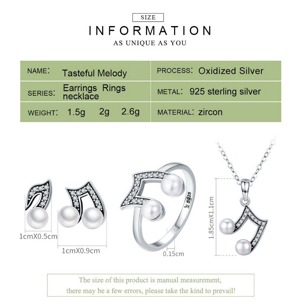PAHALA 925 Sterling Silver Music Melody Pendant Necklace Earrings Ring Jewelry Set