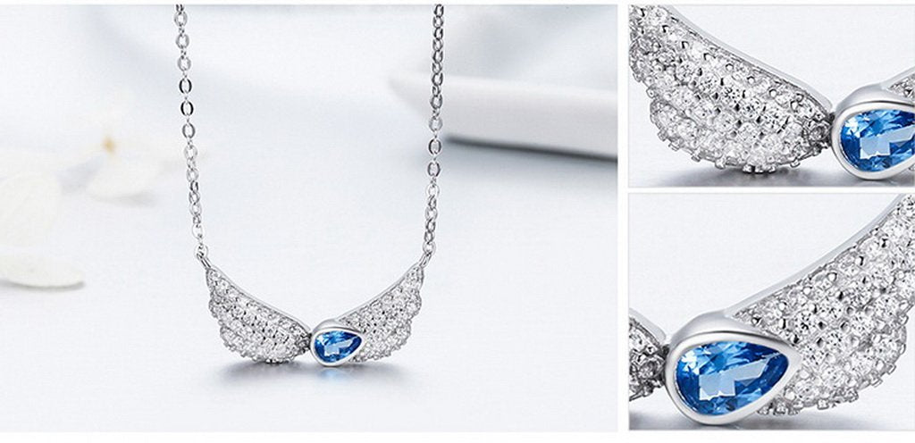 PAHALA 925 Sterling Silver Blue Crystals Wings Clear CZ Pendant Necklace