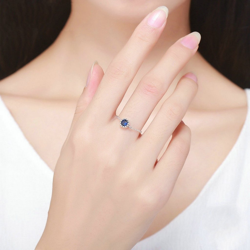 PAHALA 925 Strling Silver Luminous Blue Crystal Chain Weeding Party Band Ring