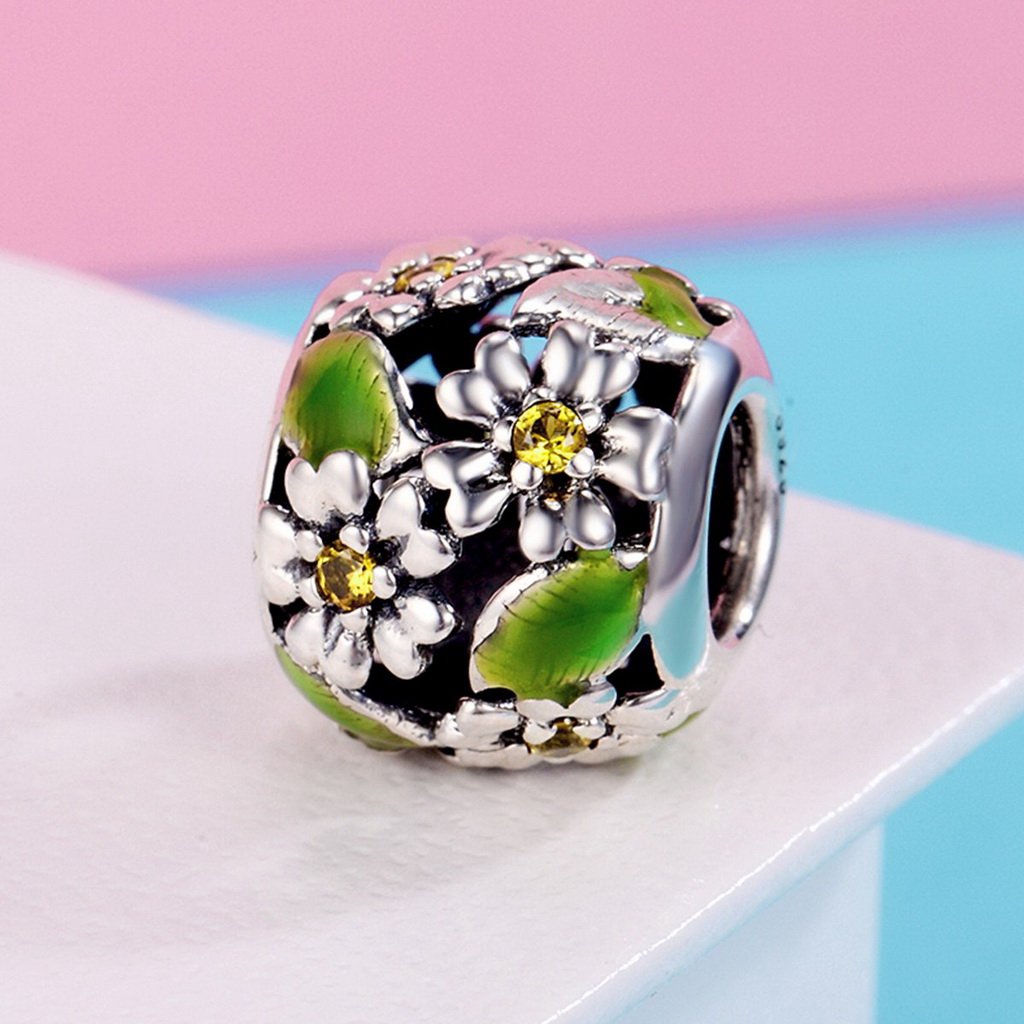 PAHALA 925 Sterling Silver Daisy Flower Leaves Enamel Charm Bead