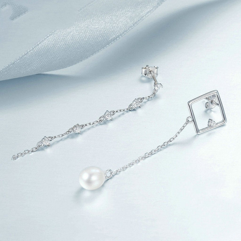 PAHALA 925 Sterling Silver Square Freshwater Pearl With Crystals Party Wedding Drop Earrings