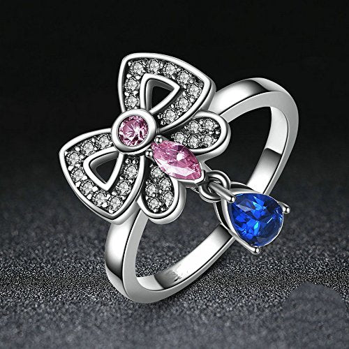 PAHALA 925 Sterling Silver Pink Blue Crystals Bow-Knot Cubic Zirconia Pave Wedding Engagement Band Ring