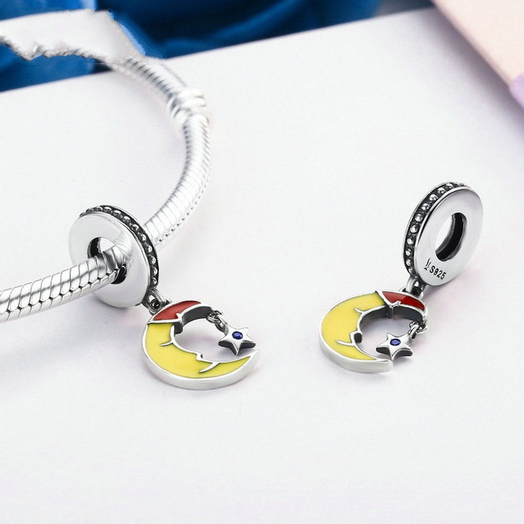 PAHALA 925 Sterling Silver Lovely Moon with Enamel Crystal Charms Beads