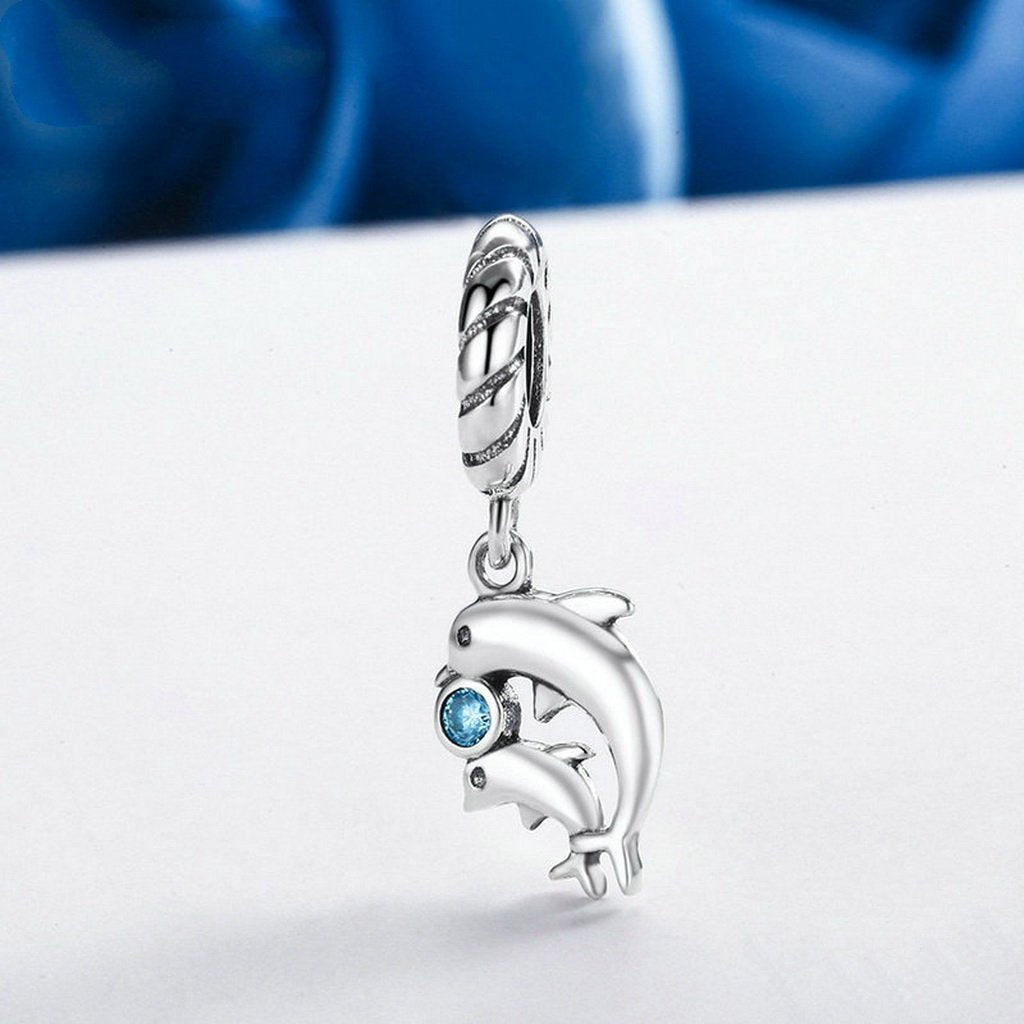PAHALA 925 Sterling Silver Dolphins with Blue Crystal Charm Bead Fit Bracelet