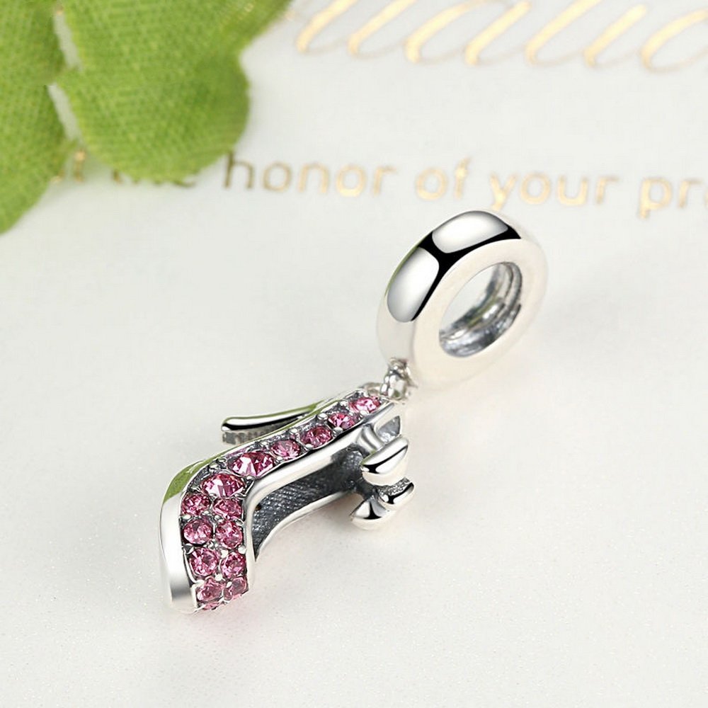 PAHALA 925 Sterling Silver Pink Crystals High Heeled Shoe Charm Fit Bracelets Necklace