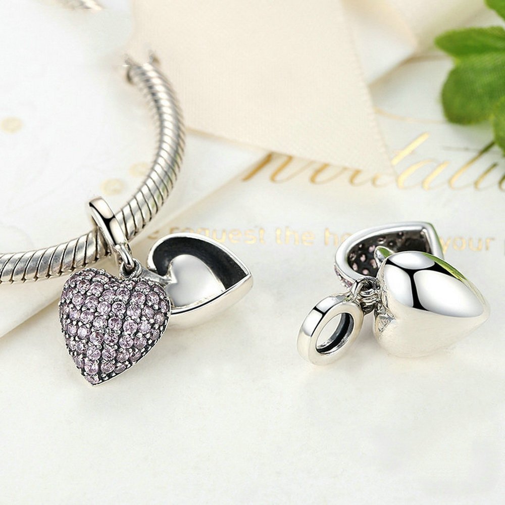 PAHALA 925 Strling Silver Pink Heart Love Forever with Crystals Charms Pendant Fit Bracelets Bangles Necklace