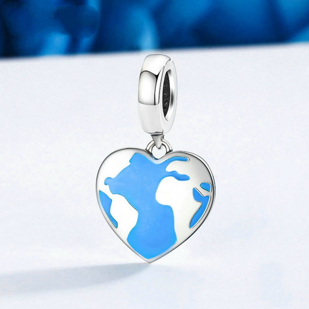 PAHALA 925 Sterling Silver Heart Dream Travel Map with Blue Enamel Charm Bead Fit Bracelet