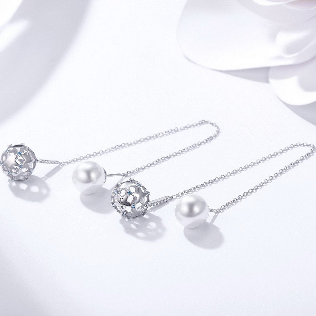 PAHALA 925 Sterling Silver Double Ball Luminous With Crystals Party Wedding Long Drop Earrings
