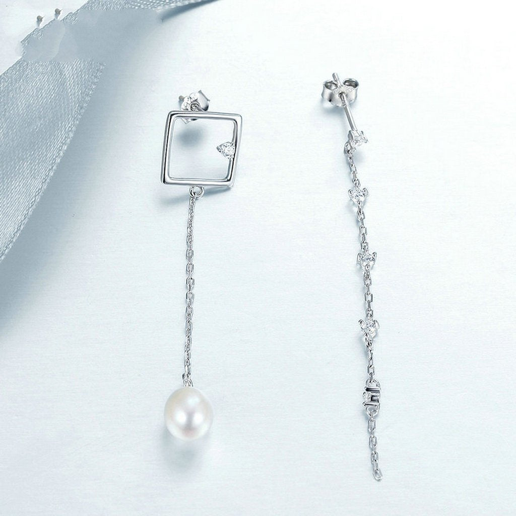 PAHALA 925 Sterling Silver Square Freshwater Pearl With Crystals Party Wedding Drop Earrings