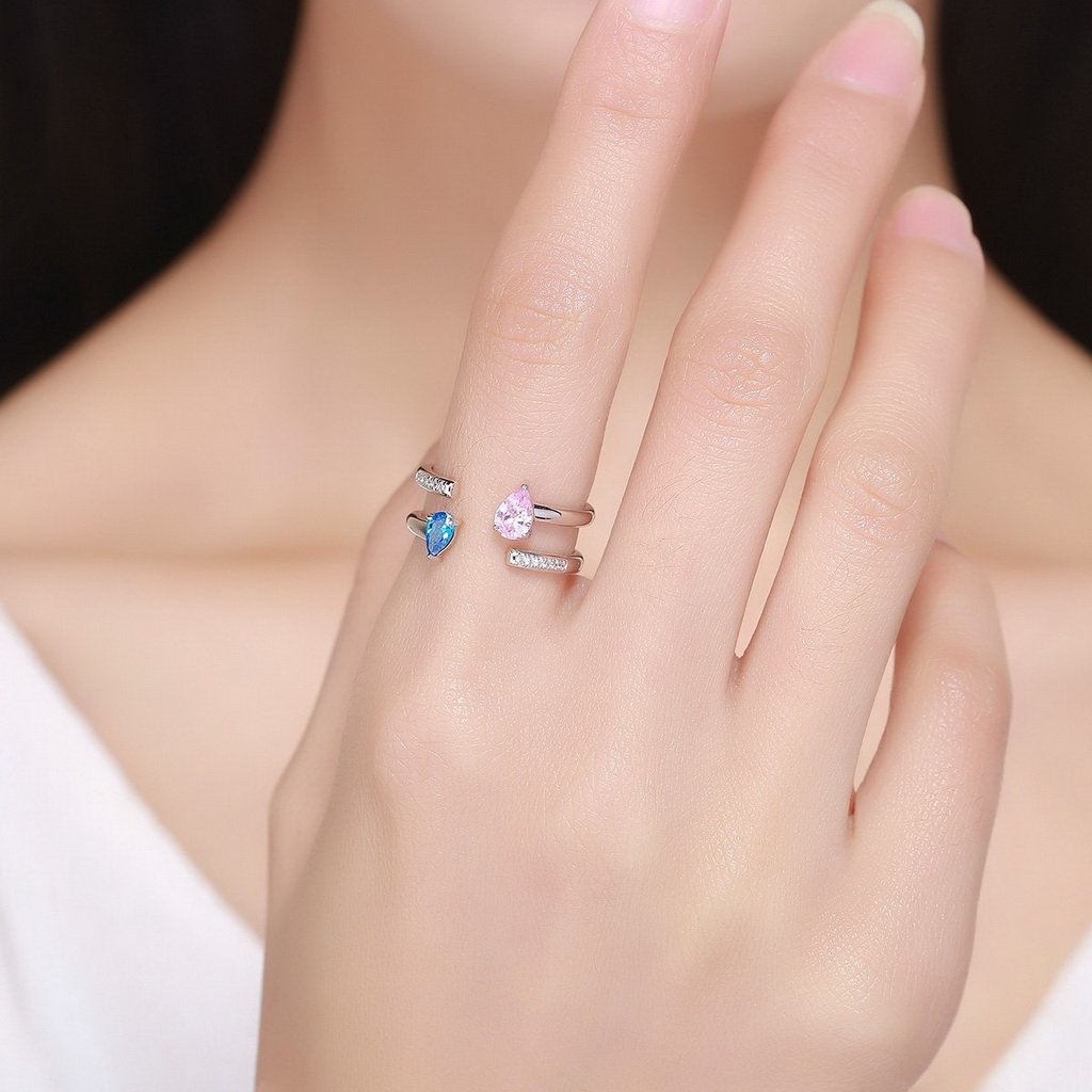 PAHALA 925 Strling Silver Pink Blue Crystals Weeding Party Band Ring