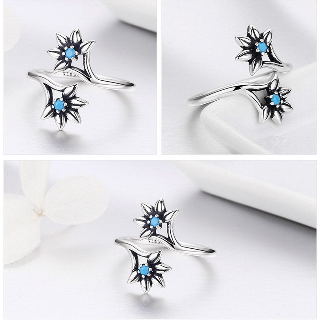 PAHALA 925 Strling Silver Daisy Flower Blue Weeding Party Band Ring