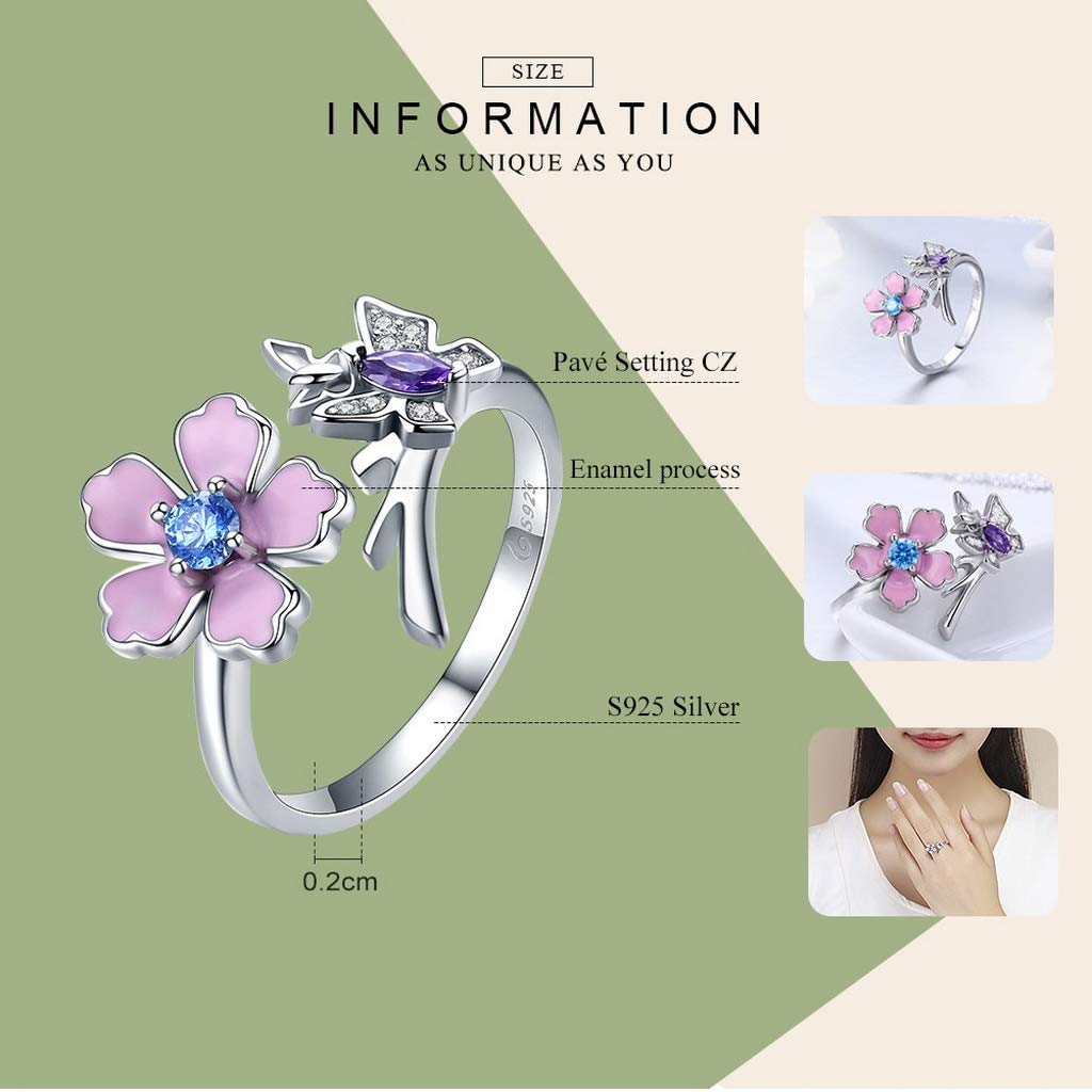 PAHALA 925 Strling Silver Lovely Butterfly Pink Flower Crystals Finger Weeding Party Ring