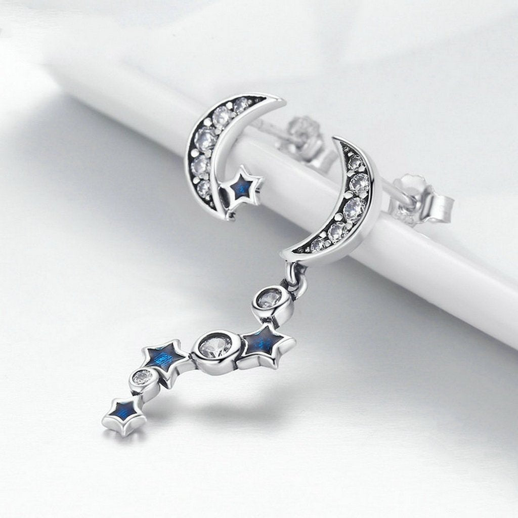 PAHALA 925 Sterling Silver Crystals Moon Star Blue Party Wedding Pendant Earring
