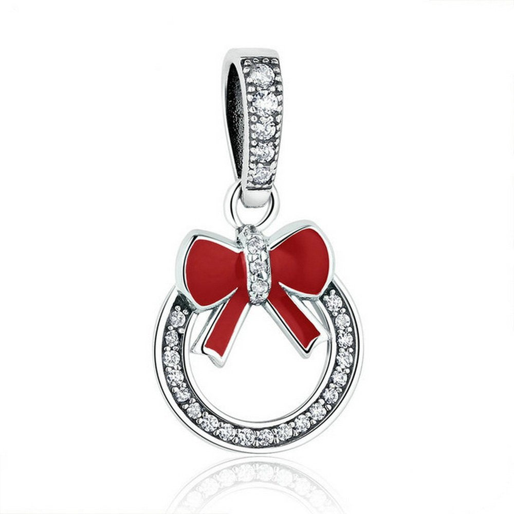 PAHALA 925 Strling Silver Red Bow Knot with Crystals Charms Pendant Fit Bracelets Necklace