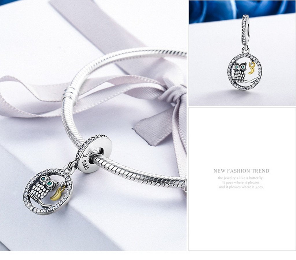 PAHALA 925 Sterling Silver Bird Story Moon with Crystals Charms Fit Bracelets Necklace