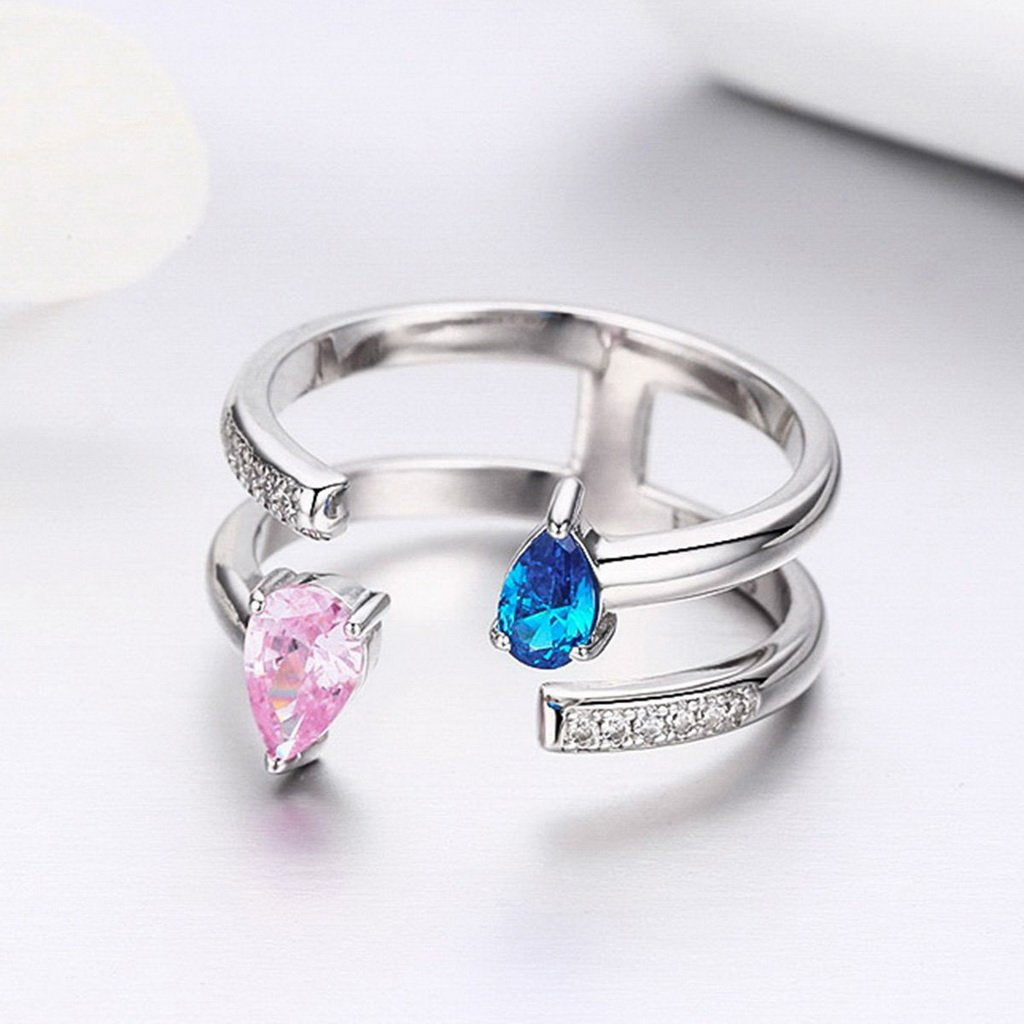 PAHALA 925 Strling Silver Pink Blue Crystals Weeding Party Band Ring