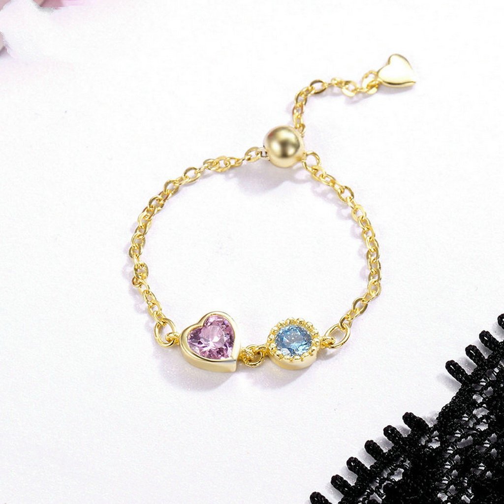 PAHALA 925 Strling Silver Gold Color Heart Crystals Chain Weeding Party Band Ring