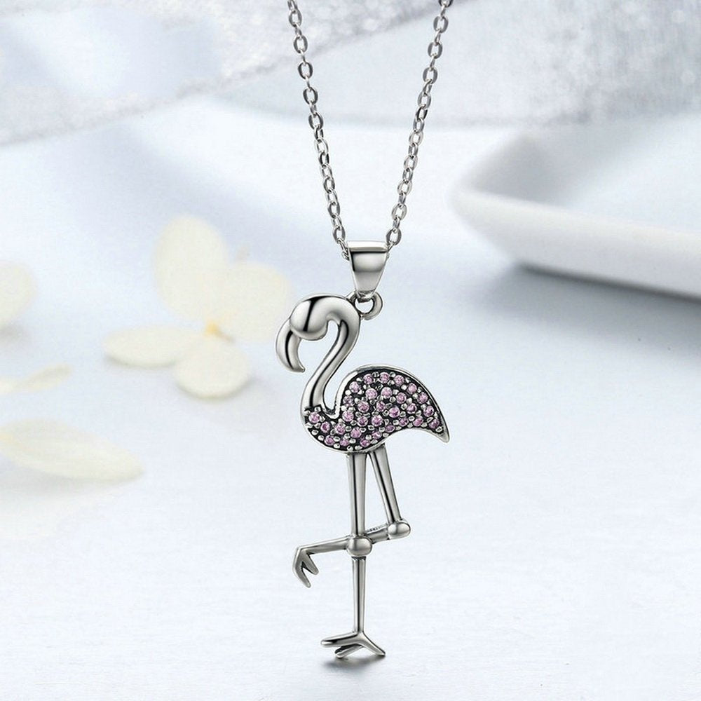 PAHALA 925 Sterling Silver Flamin Bird Shaped with Pink Crystals Clear CZ Pendant Necklace