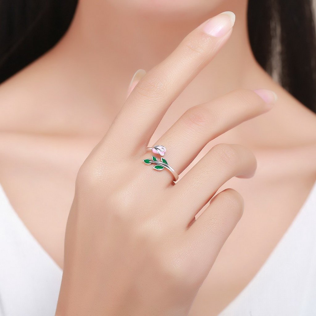 PAHALA 925 Strling Silver Rose Flower Enamel Pink Weeding Party Band Ring