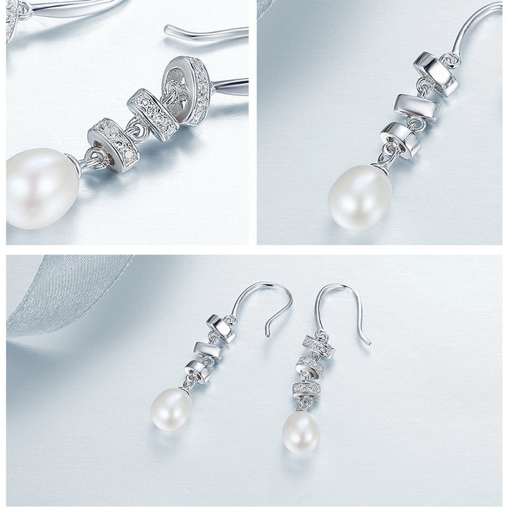 PAHALA 925 Sterling Silver Geometric With Crystals Freshwater Pearl Party Wedding Drop Earrings