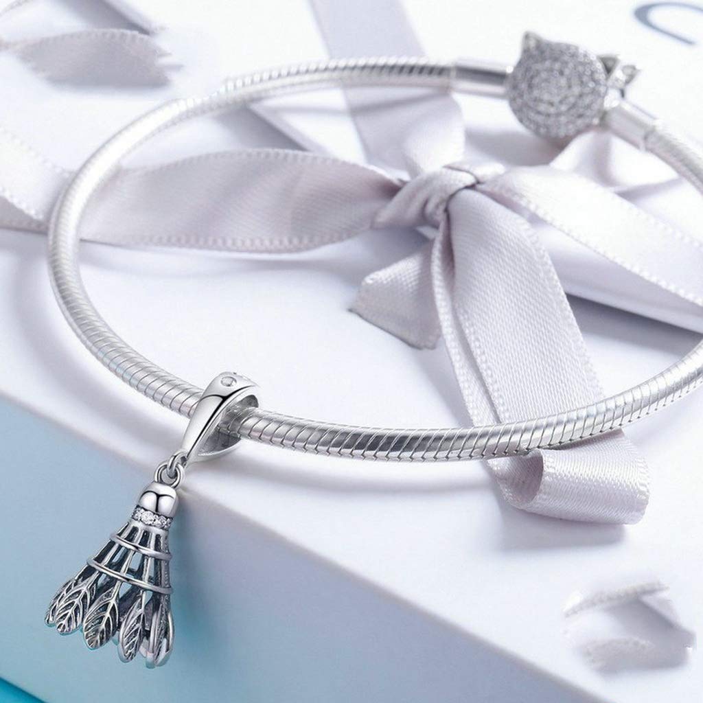 PAHALA 925 Strling Silver Badminton Pendant with Crystals Charm Bead