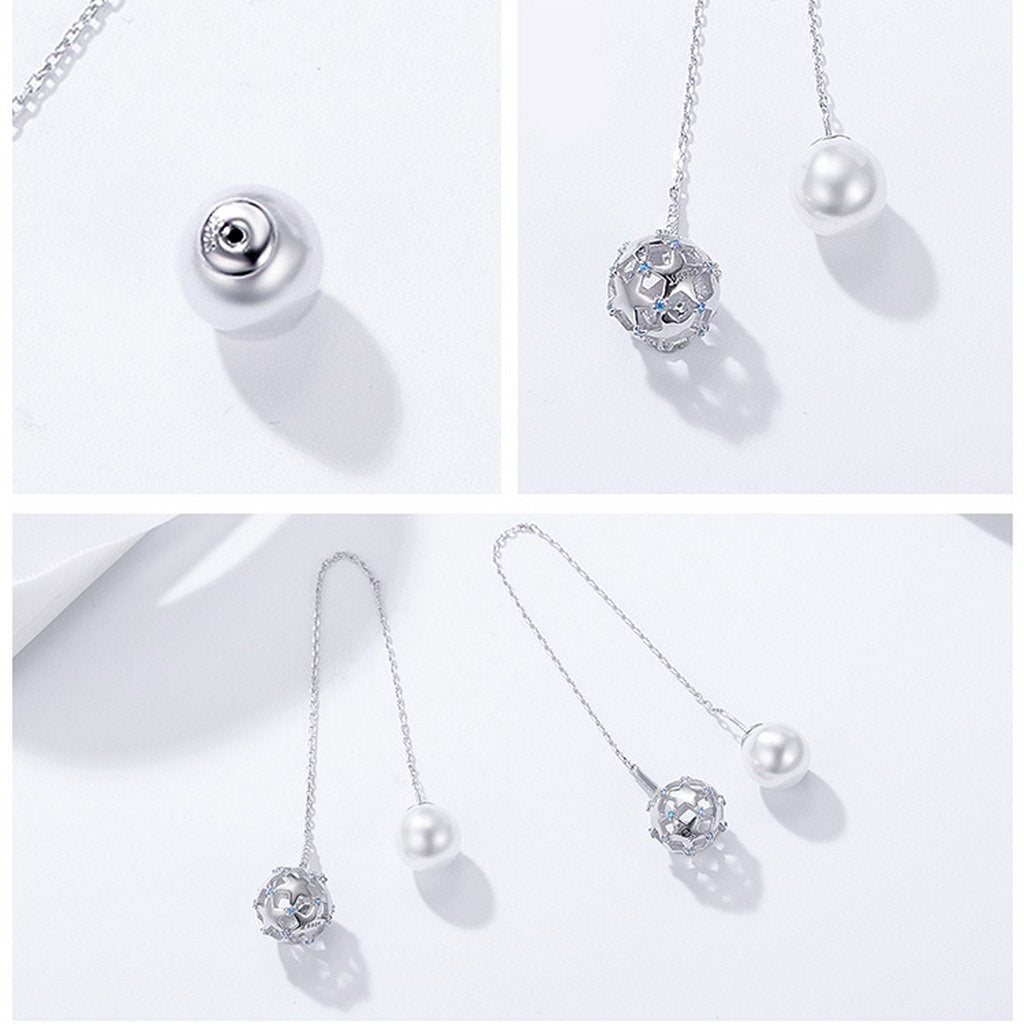 PAHALA 925 Sterling Silver Double Ball Luminous With Crystals Party Wedding Long Drop Earrings