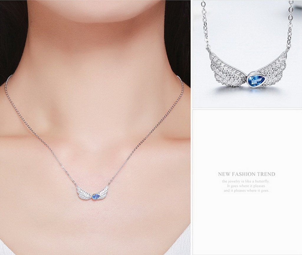 PAHALA 925 Sterling Silver Blue Crystals Wings Clear CZ Pendant Necklace