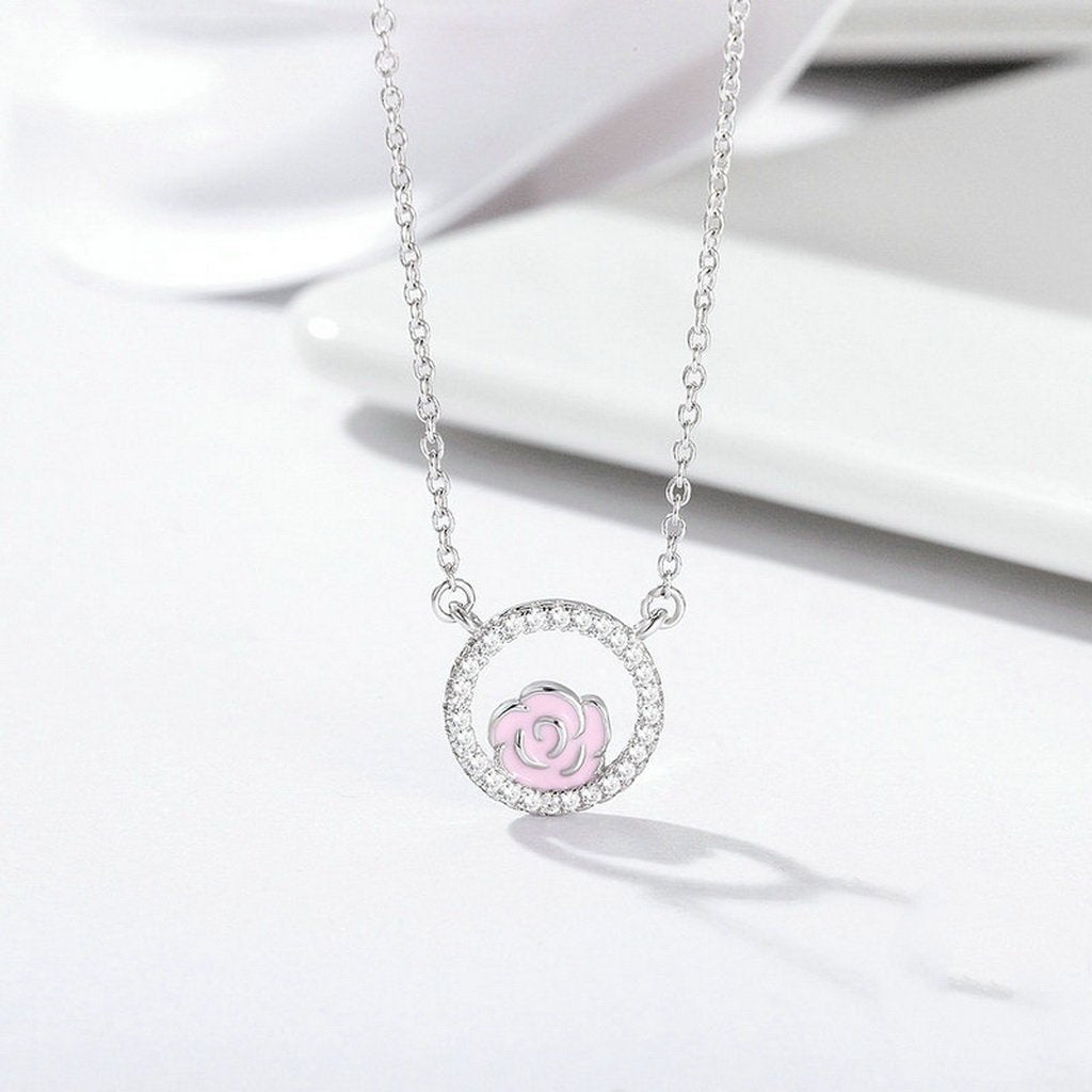 PAHALA 925 Sterling Silver Romantic Rose Heart with Crystals Pendant Necklace Earrings Jewelry Set