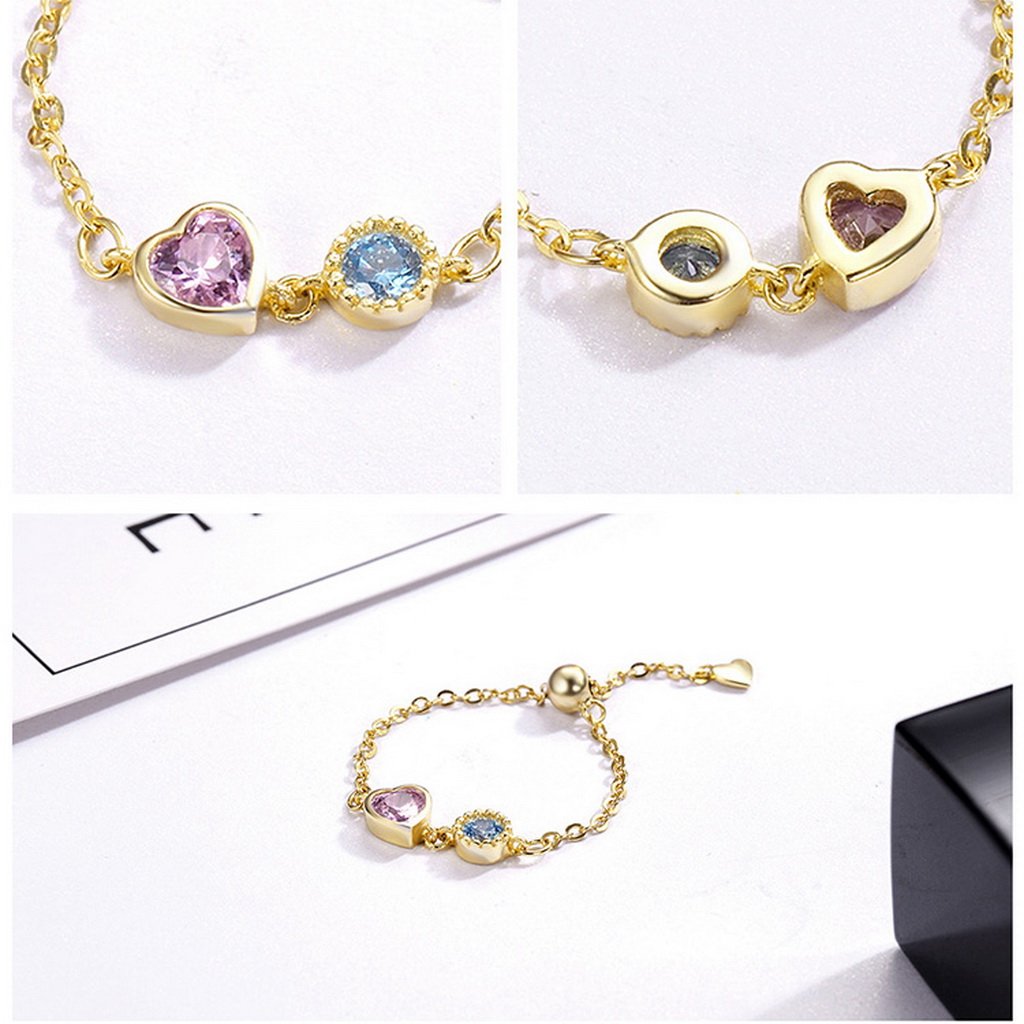 PAHALA 925 Strling Silver Gold Color Heart Crystals Chain Weeding Party Band Ring