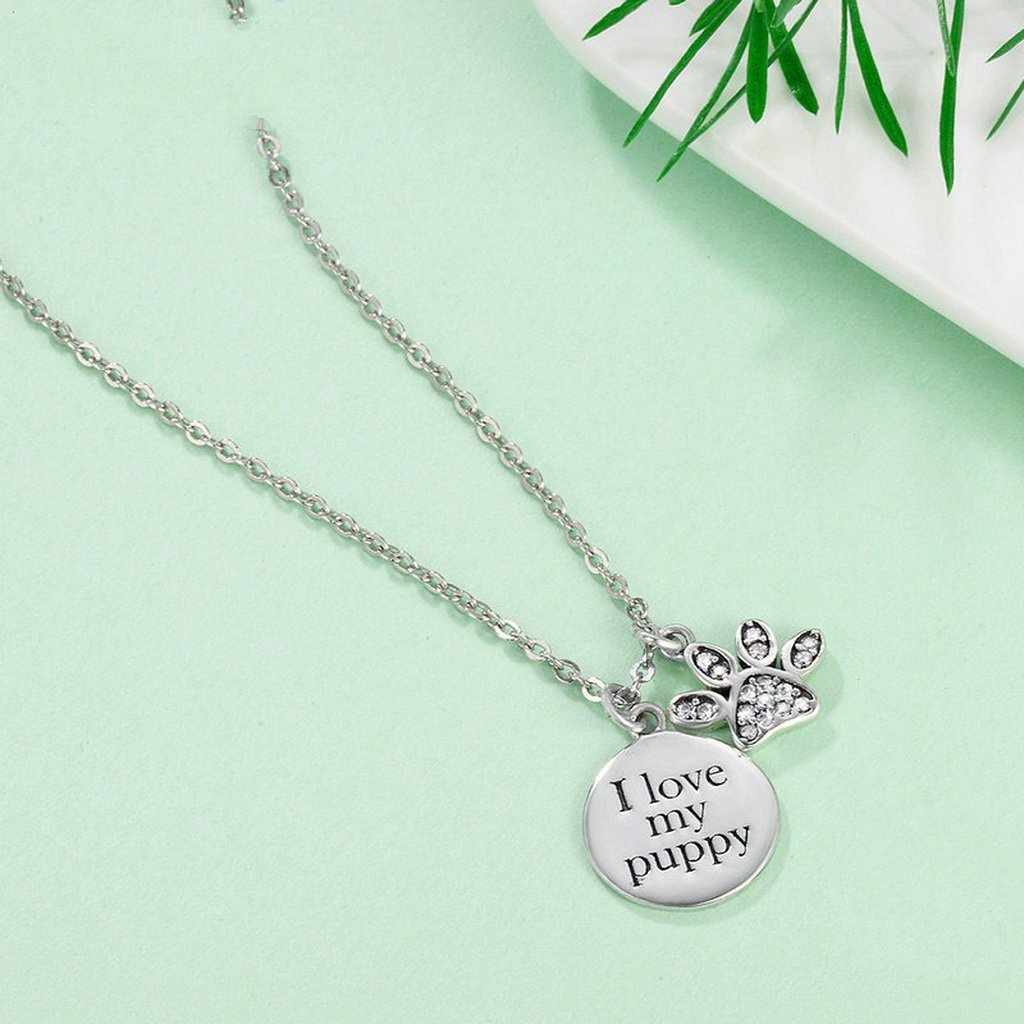 PAHALA 925 Sterling Silver Love My Doggy Footprints with Crystals Pendant Necklace