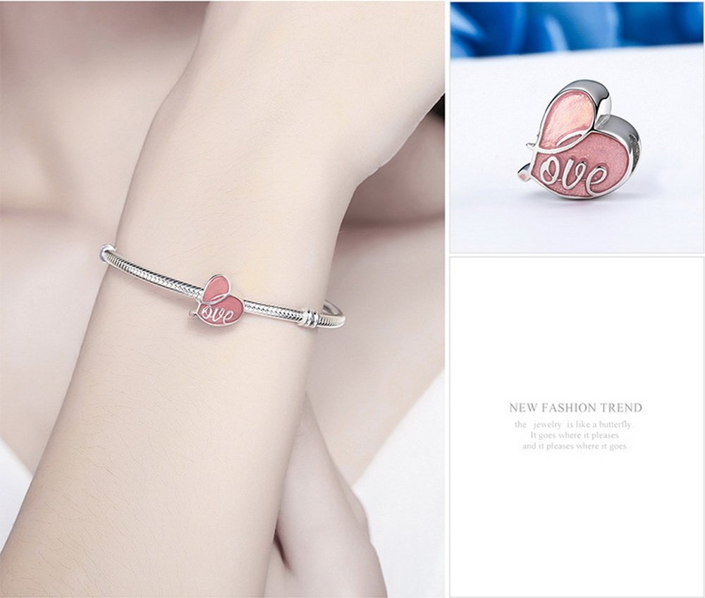 PAHALA 925 Strling Silver Fall in Love Pink Enamel Charms Fit Bracelets Necklace