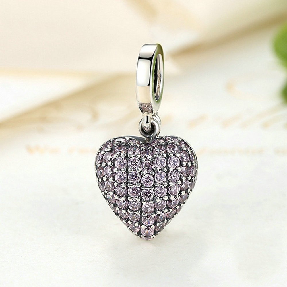 PAHALA 925 Strling Silver Pink Heart Love Forever with Crystals Charms Pendant Fit Bracelets Bangles Necklace