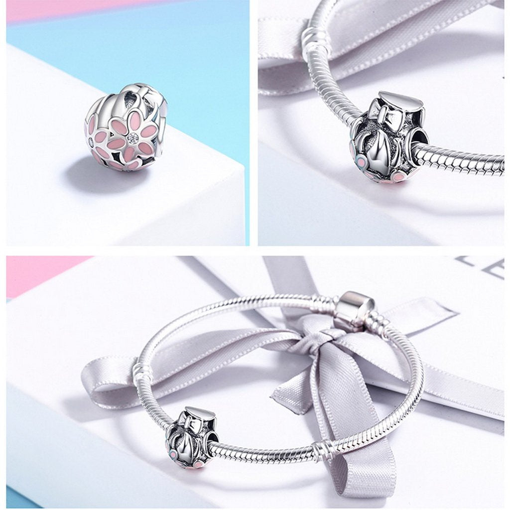 PAHALA 925 Sterling Silver Bowknot Flower with Pink Enamel Crystals Pendant Charm Bead