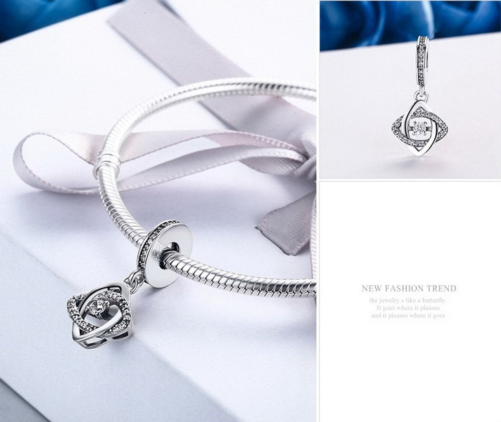 PAHALA 925 Sterling Silver Heart Geometric with Crystals Charms Beads