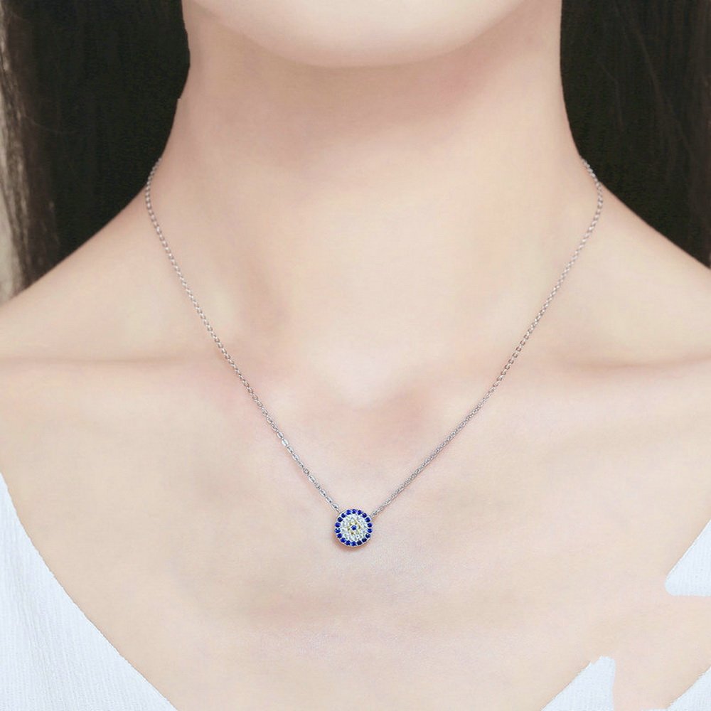 PAHALA 925 Sterling Silver Round Blue Crystals Clear CZ Pendant Necklace