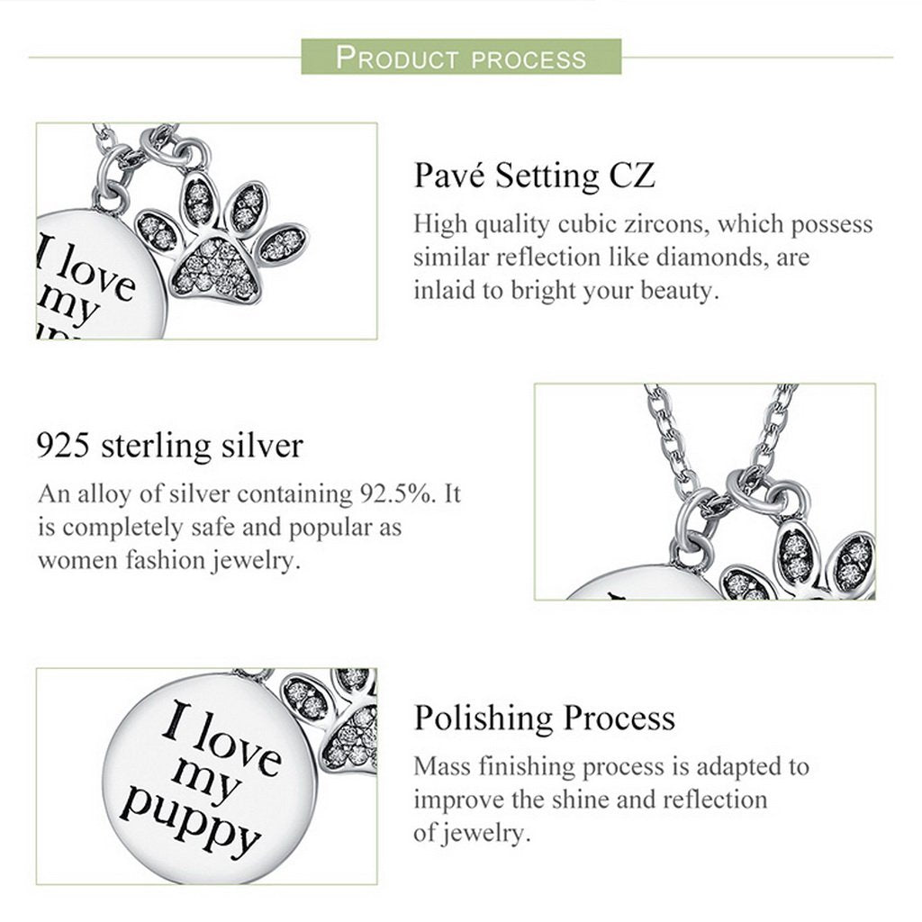 PAHALA 925 Sterling Silver Love My Doggy Footprints with Crystals Pendant Necklace