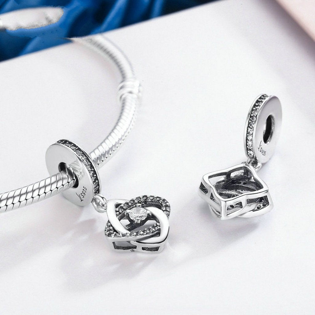 PAHALA 925 Sterling Silver Heart Geometric with Crystals Charms Beads