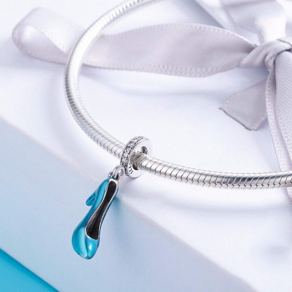 PAHALA 925 Strling Silver High Heels Crystal Shoe Blue Enamel Charm