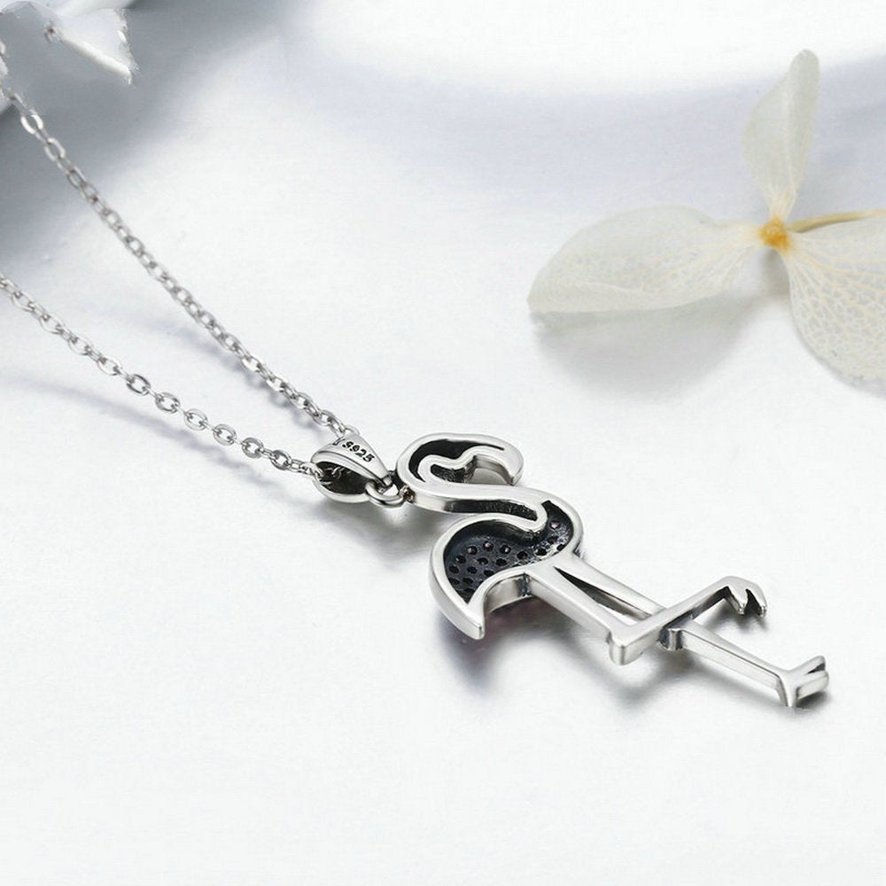 PAHALA 925 Sterling Silver Flamin Bird Shaped with Pink Crystals Clear CZ Pendant Necklace
