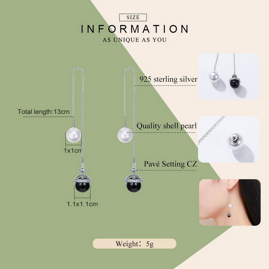 PAHALA 925 Sterling Silver Planet Freshwater Pearl White Black With Crystals Party Wedding Long Drop Earrings