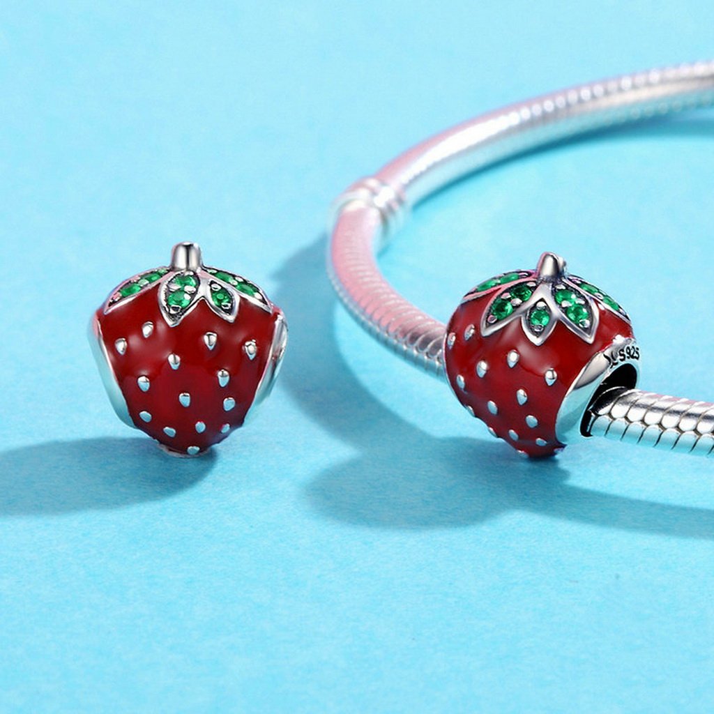 PAHALA 925 Sterling Silver Strawberry Red Enamel with Crystal Charm Bead