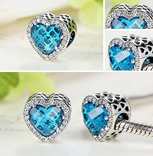PAHALA 925 Strling Silver 6 Colors Love Heart Crystals Charms Pendant Fit Bracelets Necklace (Blue)