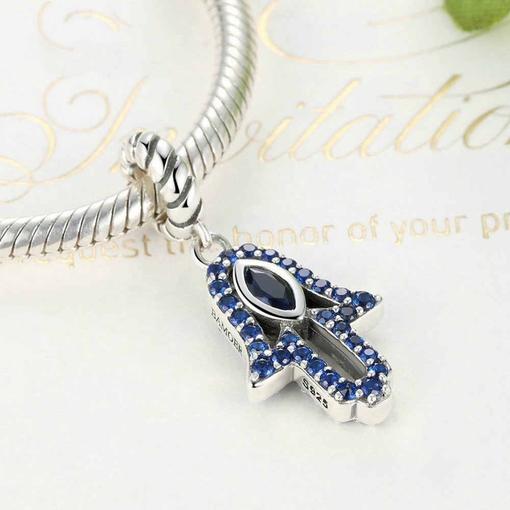 PAHALA 925 Strling Silver Hand Eye Shaped Blue Crystals Charms Pendant Fit Bracelets Necklace
