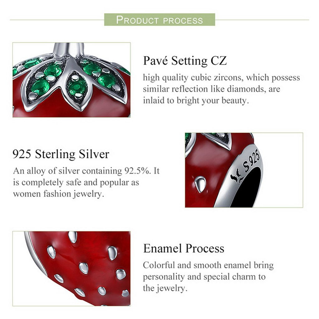 PAHALA 925 Sterling Silver Strawberry Red Enamel with Crystal Charm Bead