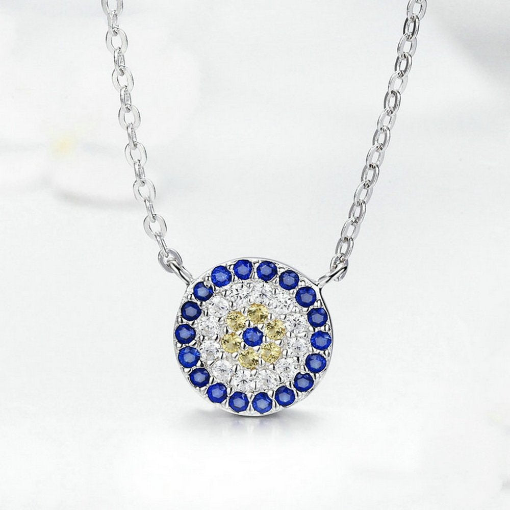 PAHALA 925 Sterling Silver Round Blue Crystals Clear CZ Pendant Necklace