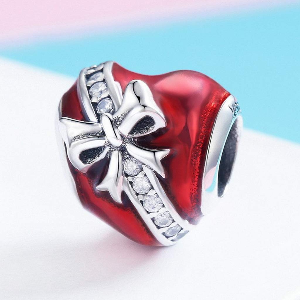 PAHALA 925 Strling Silver Bowknot Red Enamel Romantic Heart with Crystals Charms Beads