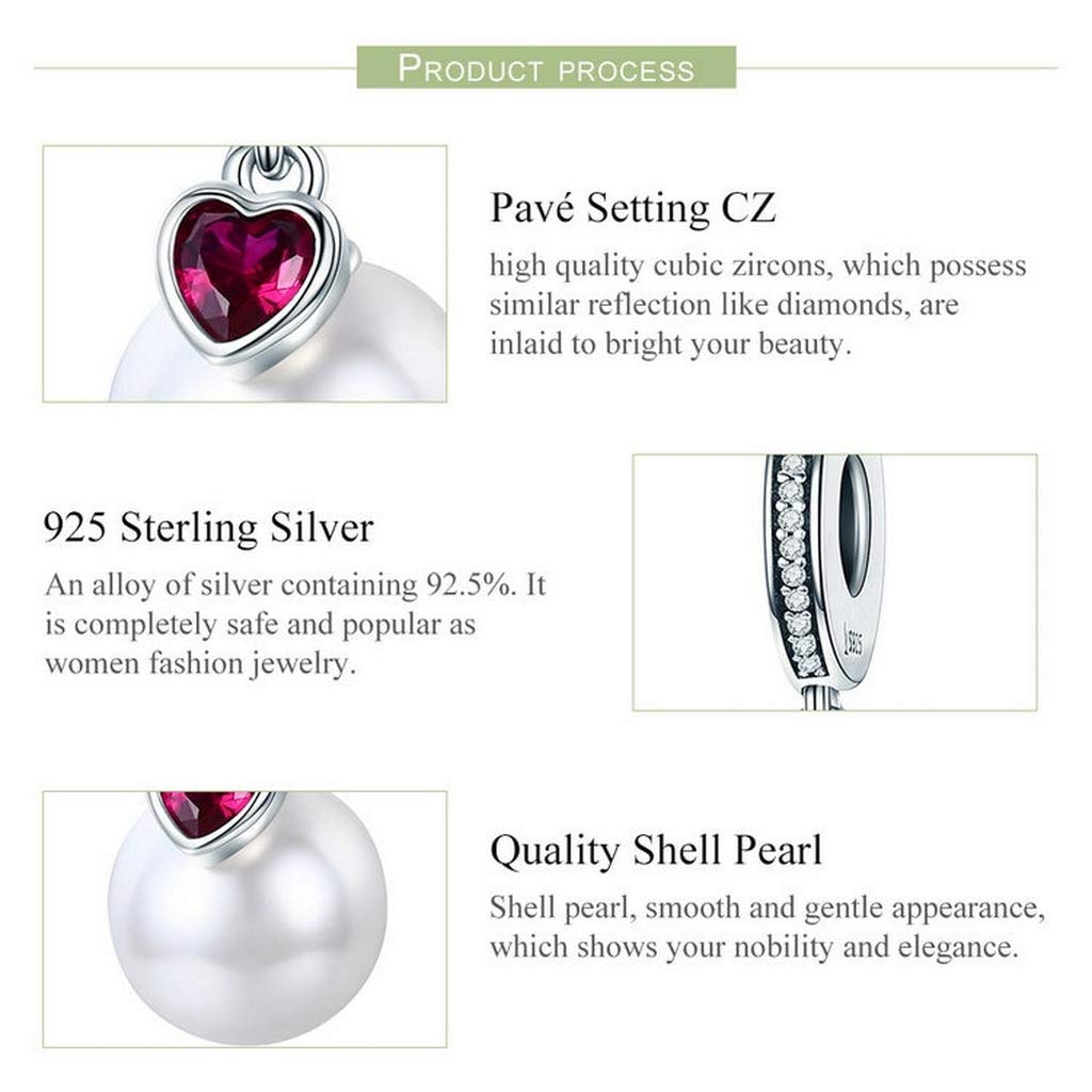 PAHALA 925 Strling Silver Pearl Heart Red Crystal Pendant Charm Bead