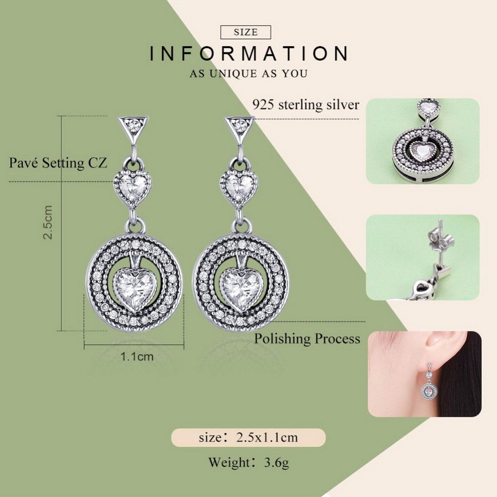 PAHALA 925 Sterling Silver Classical Round With Heart Crystals Party Wedding Long Drop Earrings