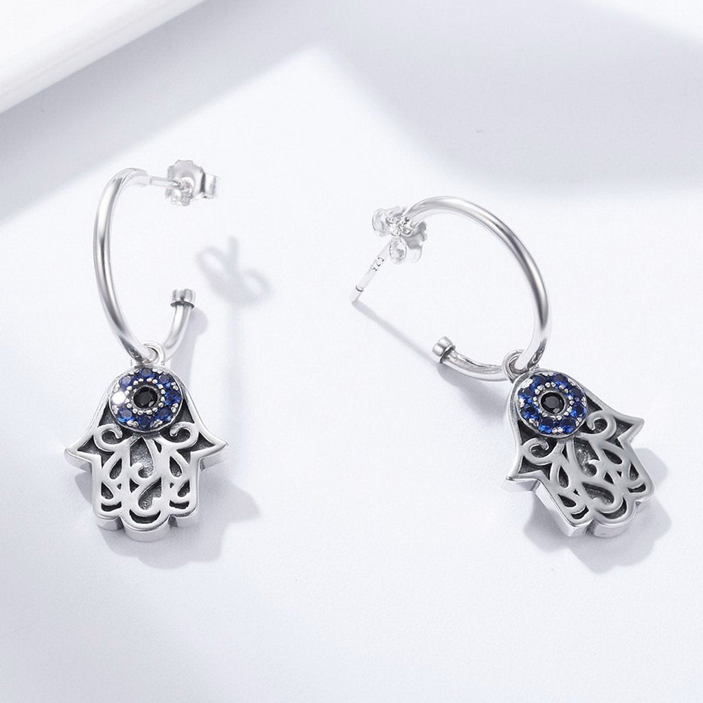 PAHALA 925 Sterling Silver Fantasy Hamsa Hand Blue With Crystals Stud Earrings