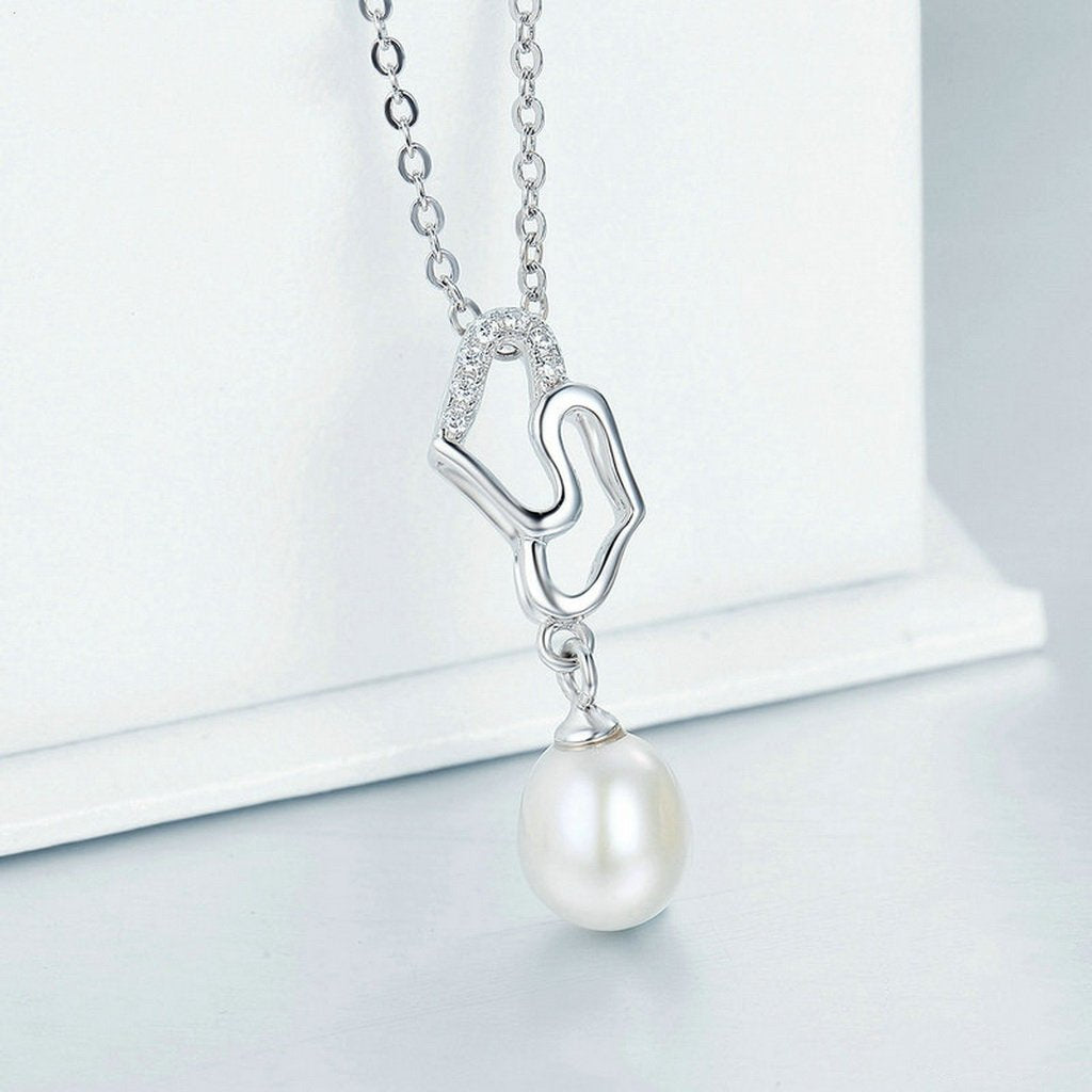 PAHALA 925 Sterling Silver Double Hearts with Crystals Pearl Pendant Necklace